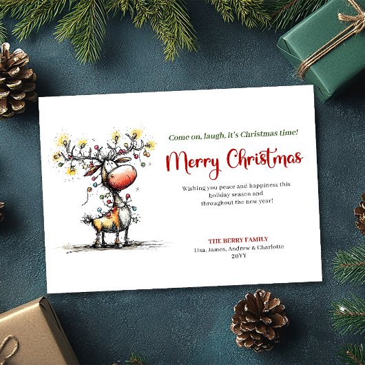 Funny watercolor reindeer Christmas greeting card Feestdagenkaart