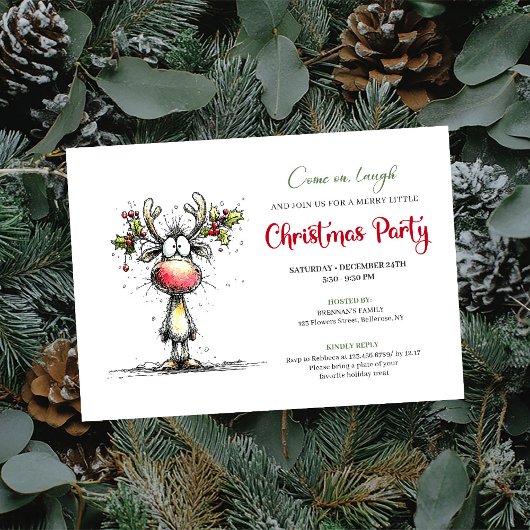 Funny watercolor reindeer Christmas party invite Kaart