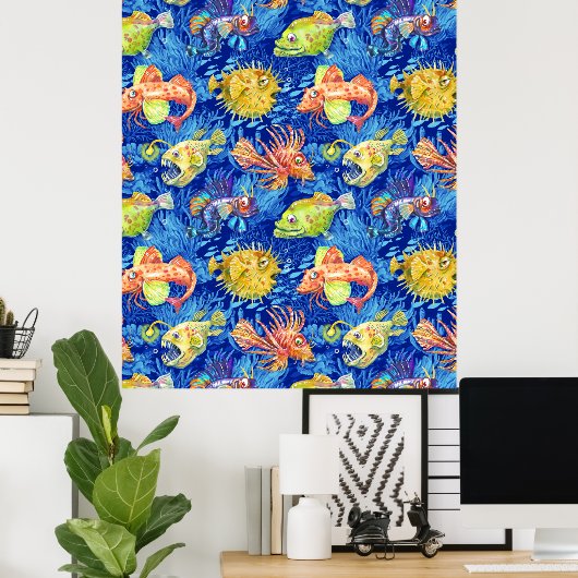 Funny waterverf vis poster (Thuiskantoor)