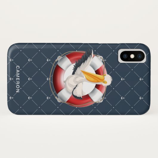 Funny Waving Pelican Nautical Navy Monogram Case-Mate iPhone Case (Achterkant (horizontaal))