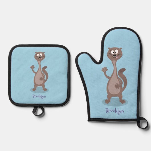 Funny weasel cartoon ovenwant & pannenlap set (Voorkant)