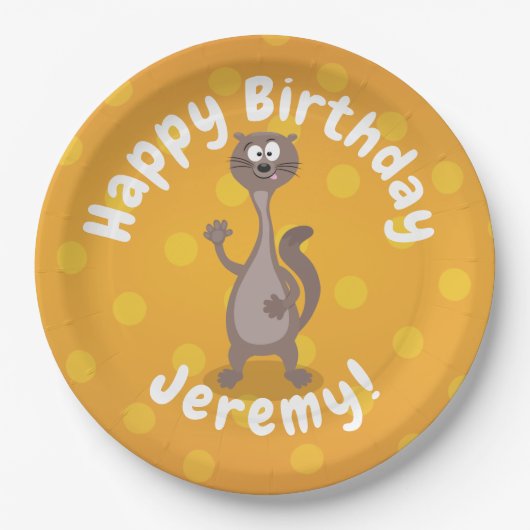 Funny weasel waving cartoon illustratie papieren bordje (Voorkant)