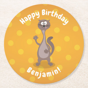 Funny weasel waving cartoon illustratie ronde kartonnen onderzetter
