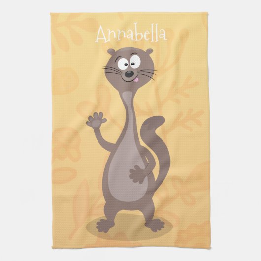 Funny weasel waving cartoon illustratie theedoek (Verticaal)