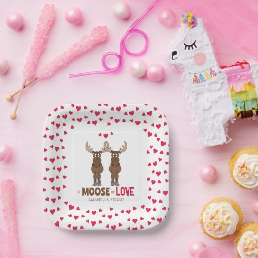 Funny Wedding Party Cute Whimsical Moose Hearts Papieren Bordje (Feest)