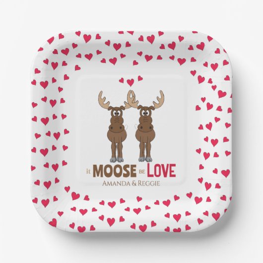 Funny Wedding Party Cute Whimsical Moose Hearts Papieren Bordje (Voorkant)