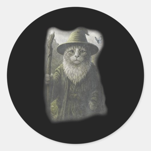 Funny Weird Kitten Wizard Ghost Cat Meme Catdalf H Ronde Sticker (Voorkant)