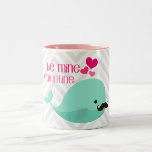 Funny Whale met Mustache Be Mine Valentijn Custom Tweekleurige Koffiemok