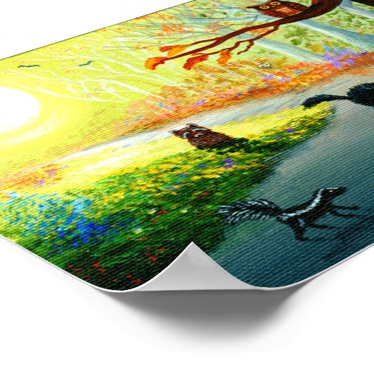 Funny Whimsical Cat Owl Skunk Raccoon Forest Poster (Hoek)