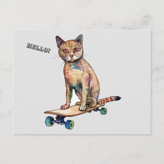 Funny Whimsical Cat Skateboarden Briefkaart (Voorkant)