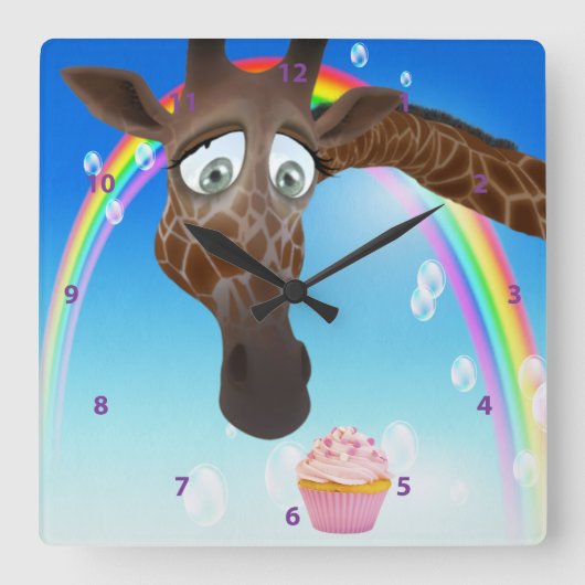 Funny Whimsical Giraffe, Cupcake & Rainbow Vierkante Klok (Voorkant)
