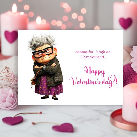 Funny Whimsical Grumpy Lady Valentine’s Day Card Feestdagenkaart