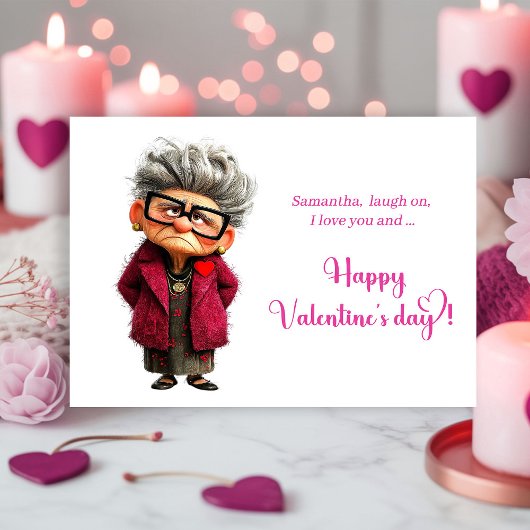 Funny Whimsical Lady Hot Pink Joy Valentine Feestdagenkaart