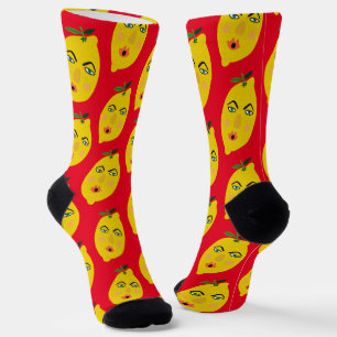 Funny Whimsical Lemon Pattern Red Sokken