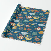 Funny Whimsical Ocean Zee Fish Blue Pattern Cadeaupapier (Uitgerold)