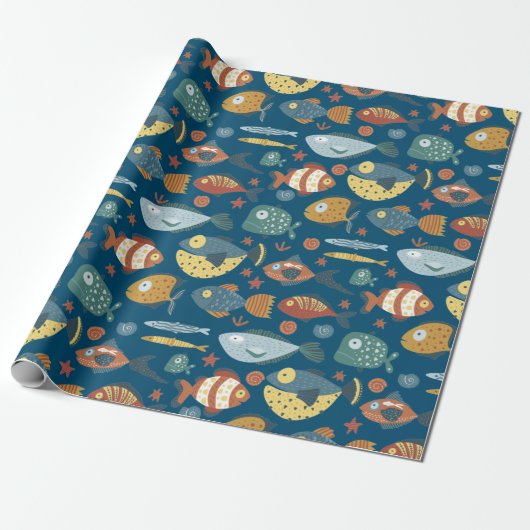 Funny Whimsical Ocean Zee Fish Blue Pattern Cadeaupapier (Uitgerold)