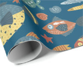 Funny Whimsical Ocean Zee Fish Blue Pattern Cadeaupapier (Rol Hoek)