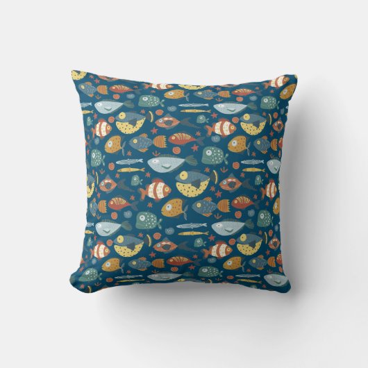 Funny Whimsical Ocean Zee Fish Blue Pattern Kussen (Voorkant)