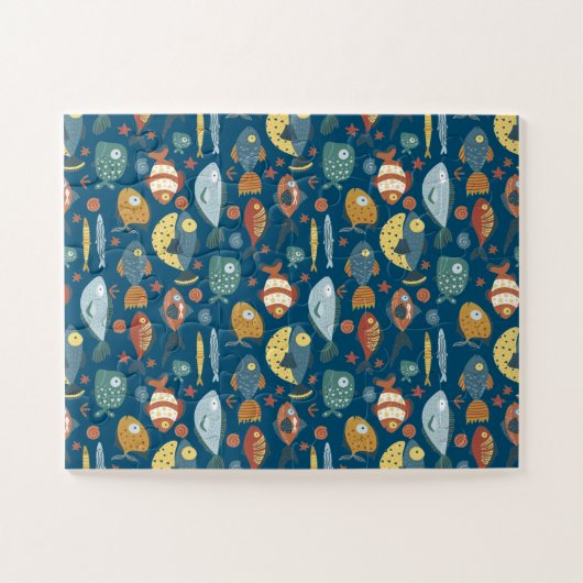 Funny Whimsical Ocean Zee Fish Blue Pattern Legpuzzel (Horizontaal)