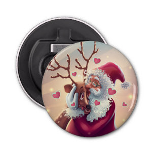 Funny Whimsical Santa and Reindeer Festive Holiday Button Flesopener