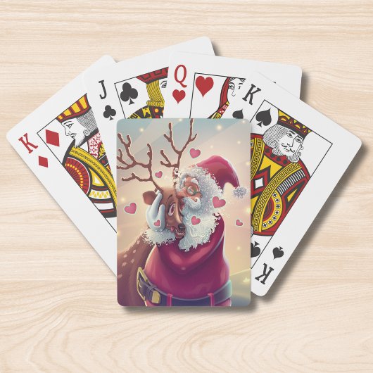 Funny Whimsical Santa and Reindeer Festive Holiday Pokerkaarten