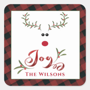 Funny whimsy Holly reinreder joy Holiday plaid Vierkante Sticker