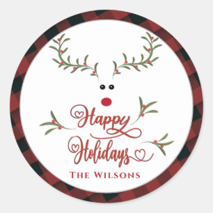 Funny whimsy holly reinreder Prettige feestdagen Ronde Sticker