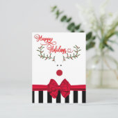 Funny whimsy holly reinreder red bow feestdagenkaart (Staand voorkant)