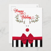 Funny whimsy holly reinreder red bow feestdagenkaart (Voorkant / Achterkant)