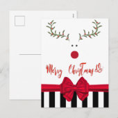 Funny whimsy holly reinreder red bow feestdagenkaart (Voorkant / Achterkant)