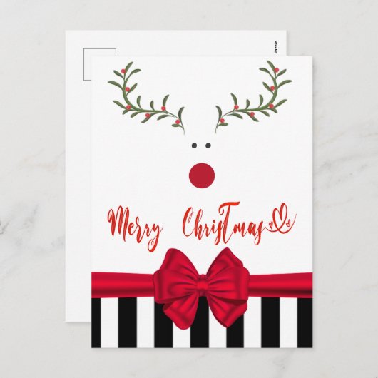 Funny whimsy holly reinreder red bow feestdagenkaart (Voorkant / Achterkant)