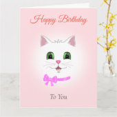 Funny White Cat Face on Light Pink Birthday Kaart (Gele Bloem)