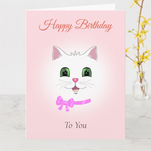 Funny White Cat Face on Light Pink Birthday Kaart (Gele Bloem)
