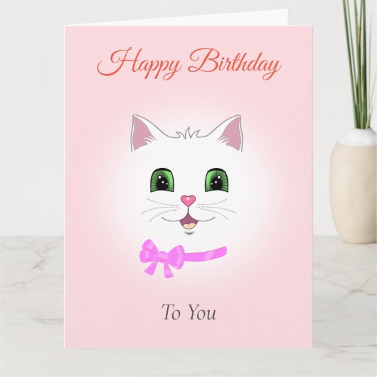 Funny White Cat Face on Light Pink Birthday Kaart (Voorkant)