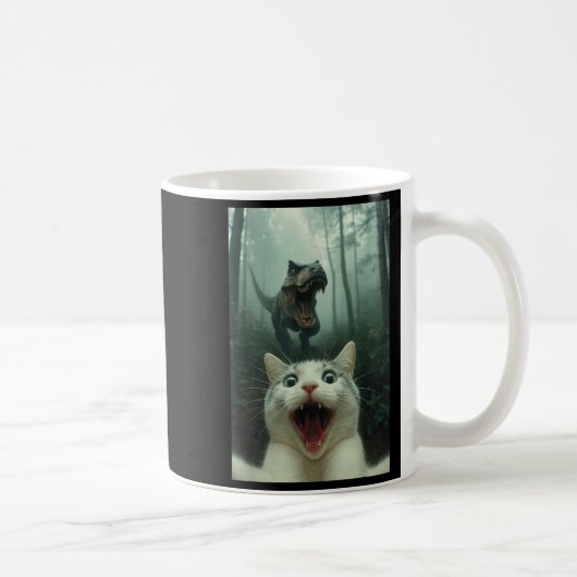 Funny White Cat Selfie With T-rex Dinosaur, Cat Ki Koffiemok (Rechts)