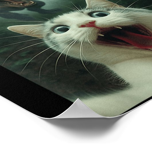 Funny White Cat Selfie With T-rex Dinosaur, Cat Ki Poster (Hoek)