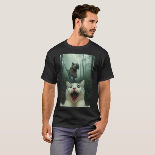 Funny White Cat Selfie With T-rex Dinosaur, Cat Ki T-shirt (Voorkant volledig)