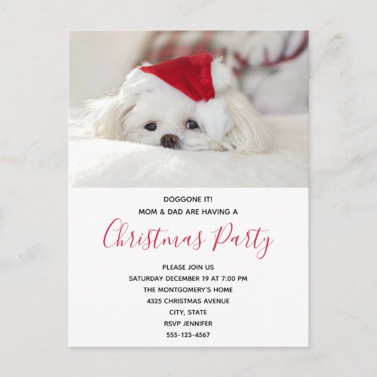Funny White Dog in een Rode Kerstfeest Pet Uitnodiging Briefkaart (Voorkant)