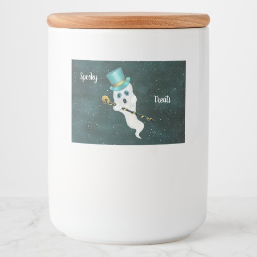 Funny White Ghost Hazy Sky Top Hat Skull Cane Voedselcontainer Etiket (Voorkant)