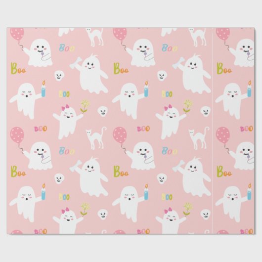 Funny White Ghost Pink With Balloon Halloween Cadeaupapier (Vlak)