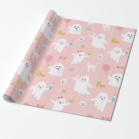 Funny White Ghost Pink With Balloon Halloween Cadeaupapier (Uitgerold)