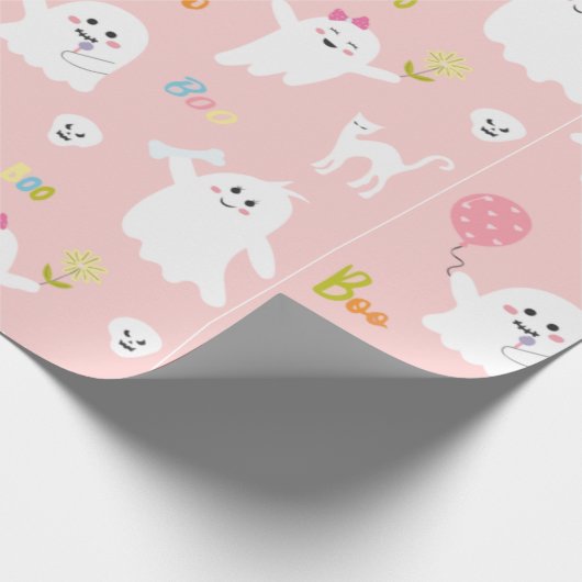 Funny White Ghost Pink With Balloon Halloween Cadeaupapier (Hoek)
