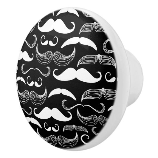 Funny White Mustache Design on Black Keramische Knop (Rechts)