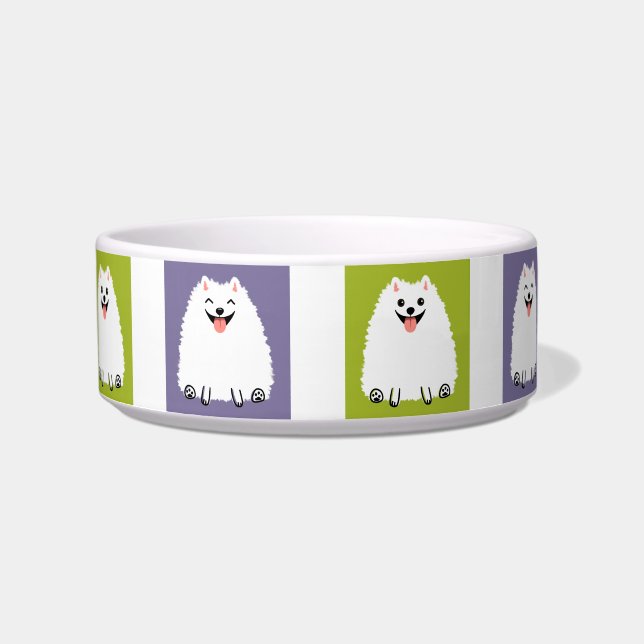Funny White Pomeranian Cartoon Dog Cute Pommie Voerbakje (Voorkant)