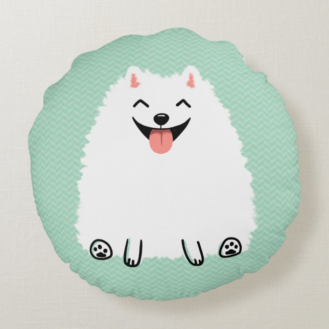 Funny White Pommeren Cute Smiling Pom Rond Kussen (Achterkant)