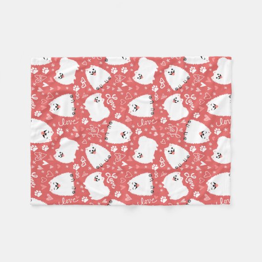 Funny White Pommeren Dog met Hearts Pattern Fleece Deken (Voorkant (Horizontaal))