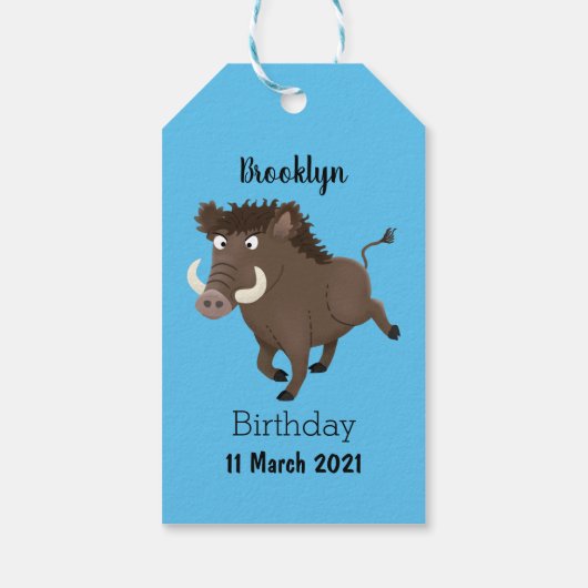 Funny wild boar razorback cartoon illustratie cadeaulabel (Achterkant)