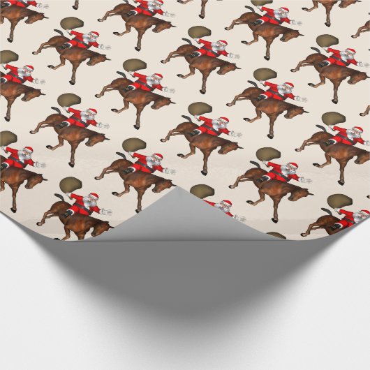 Funny Wild Rider Santa Claus op bruin paard Cadeaupapier (Hoek)