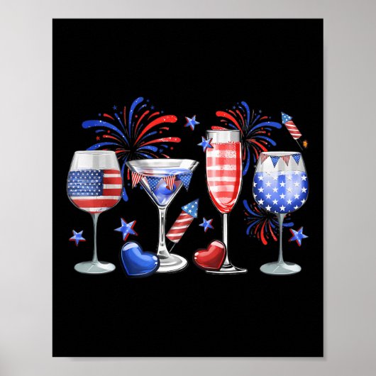 Funny Wine GL Rood Wit Blauw Vuurwerk Happy 4th Of Poster (Voorkant)