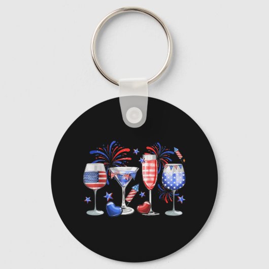 Funny Wine GL Rood Wit Blauw Vuurwerk Happy 4th Of Sleutelhanger (Voorkant)